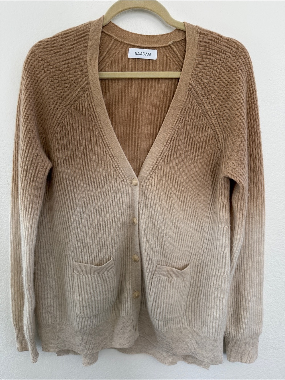 NAADAM 100% Cashmere Dip Dye Ombre Cardigan Sweater Small Tan Cream